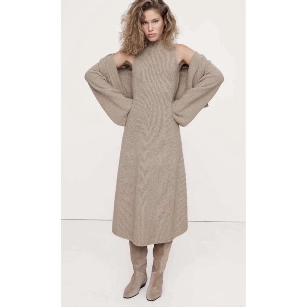 Banana Republic Merino Blend M Petite Mock Neck Midi Sweater Dress Beige $250 PM